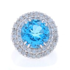 Or Blanc Topaze Bleu et Diamant Double Halo Bague - 14k Rond Portugais 8.76ct