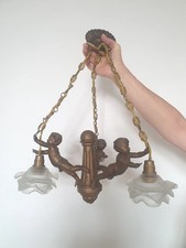 Ancienne LUSTRE à ANGELOTS en Régule et TULIPES en Pate de Verre  Art Nouveau