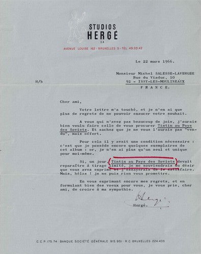 Hergé lettre signée - signée., les