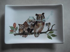 Charmant petit plateau céramique peinte main famille de chouettes hiboux