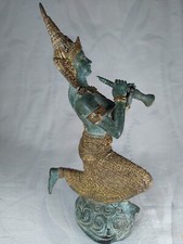 Statuette Thaïlandaise en Bronze Sculpture Asiatique "La Joueuse de Flûte"