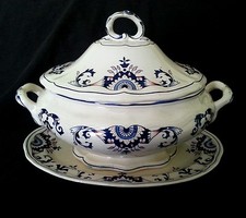 Antique French Terre de Fer Rouennais Ironstone Covered Casserole bowl & plate  