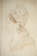 DESSIN ENCRE PORTRAIT JEUNE FEMME PROFIL EPOQUE EMPIRE RESTAURATION MONOG. 1810