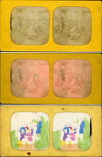 Stéréo, scène d'une famille, d'une classe, enfant sur un tricycle  vin