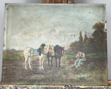 tableau N264 huile sur panneau paysan homme et chevaux signé