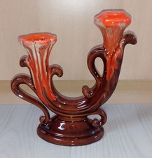 Bougeoir 2 Branches 2 Feux Style Faïence Vallauris Marron Et Orange