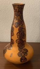 Vase art déco 1920's en verre soufflé verrerie LEUNE émail brun décor floral