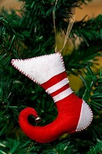 Suspensions Décoration Noël Botte Lutin Rouge Feutrine Broderie Fait Main 