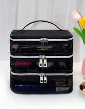 Trousse De Toilette Triple Couche Noir Femme Sac De Maquillage Transparent Zippé