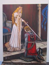 DECO TABLEAU peint par moi même REINE CHEVALIER MEDIEVAL toile 60cm x 80cm  épée