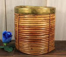 Grande Jardinière Cache Pot en Rotin et Laiton Gabriella Crespi Italie 1970