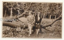 Vintage photo 1928 - 2 women sitting on tree trunk in St Cloud Paris area wood