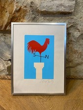Tableau carte postal d'une girouette avec un coq de Ole Kortzau signé