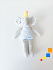 Peluche/Doudou Éléphant Gris Bleu Clair Blanc Rayé Pois Chapeau Jaune 27cm Dodie