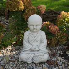 Statuette en pierre Bouddha moine gardien du temple 40 cm 20 kg gris béton bl...