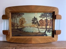 Art Déco - Ancien Grand Plateau De Service Bois Et Verre Eglomisé Signé Germonde