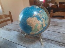VINTAGE 1970 GLOBE TERRESTRE EN VERRE ET LAITON CARTES TARIDE FONCTIONNE...
