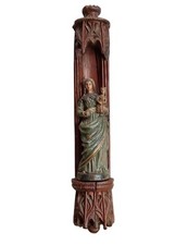 Ancienne Sainte Vierge Bois Polychrome Niche Socle 18 Ème Siècle Néo Gothique 