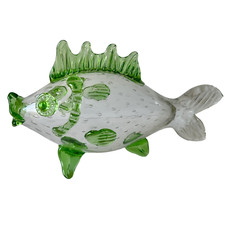 Sculpture poisson en verre soufflé vintage transparent et vert style Murano 26cm