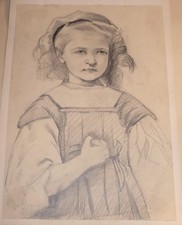 Ecole FRANCAISE XIX DESSIN CRAYON PORTRAIT JEUNE FILLE FEMME Epq NAPOLEON III c