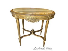 Table basse ovale de style Louis XVI - structure dorée avec plateau en marbre