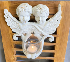 Plaque murale bougeoir photophore – Deux anges en fonte blanche – 23 x 20 cm