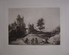 Belle estampe Le Château des Trois-Tours par David TENIERS LE JEUNE Pêcheurs