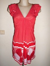 LEGERE COURTE ROBE CINTRE BERSHKA ROUGE LIGNE ET POIS BLANC MANCHE A VOLANT T:S