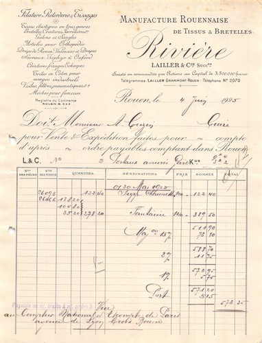 Facture 1925 tissus riviere - facture,