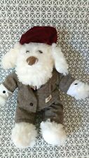 Peluche doudou chien blanc costume tweed cravate béret 35 cm Marionnaud