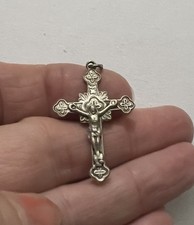 French Crusifix Silver Cross 1½” Antique Pendant Rosary Necklace France