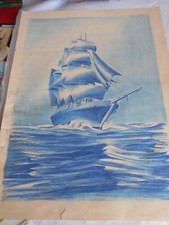 Tableau ancien pastels crayons voilier français grands voiliers années 40