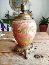 PIED de LAMPE Ancien XIXème, Faïence et Bronze décor Fleurs Pavots , électrifié