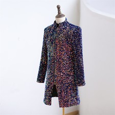 Hommes Habillé Sequin Fermeture Éclair Smoking Long Veste Costume Blazer Showman