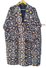 Veste Robe Mi-Longue En Coton Indien Noir Imprimé Ikat Pour Femmes