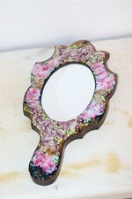 Ancien miroir face à main émaux sur cuivre & bois ,multi couleur 