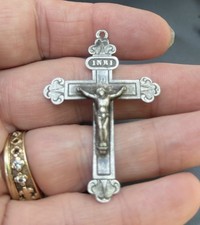 French Crucifix Silver Cross 1⅞” Medal Antique Pendant Rosary Necklace