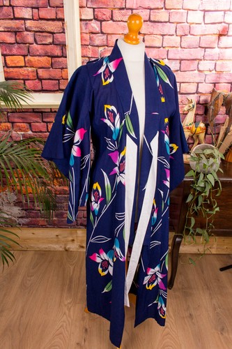 Kimono vintage bleu motifs - kimono,