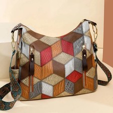 Grand Sac à Main Femme Patchwork Carreaux Cuir PU Fourre-tout Unique Multicolore
