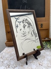 Miroir Sérigraphié Vintage Signé Davies – Femme nue aux oiseaux