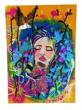Tableau Abstrait  Coloré  Portrait visage Street Art Fleur Naïf Femme Fait Main