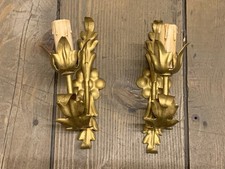 ANCIENNE PAIRE APPLIQUES VEGETALES EN LAITON DORES AVEC BOUGIE EN BOIS
