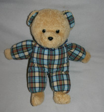 NOUNOURS DOUDOU PELUCHE OURS VINTAGE MARRON GRELOT COMBINAISON CARREAUX BLEUKOM9