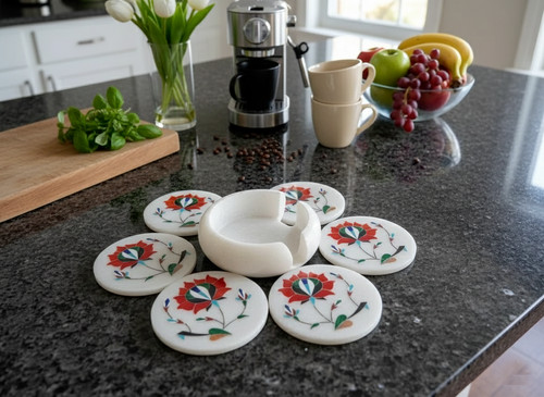 White marble inlay coaster - white,