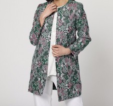 veste Mi Longue brodée fleurs vert rose col rond ANANY S 38