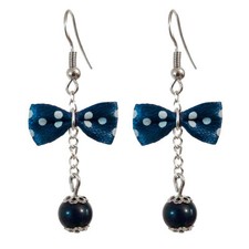 Boucles D'oreilles femme rétro pin up noeud papillon pois bleu marine perle