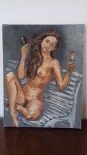 Tableau Huile sur toile Femme nue sur un banc signé 1976