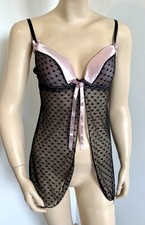 nuisette T38 voile à pois noir bonnets satin ouverte transparente nightwear 685!