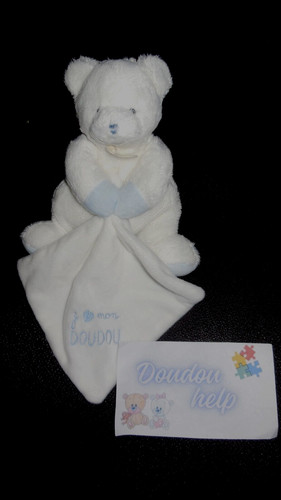 Doudou peluche ours blanc bleu