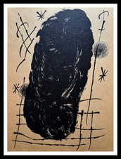 Joan MIRO : Tâche noire sur fond marron, cartones, Lithographie 1965